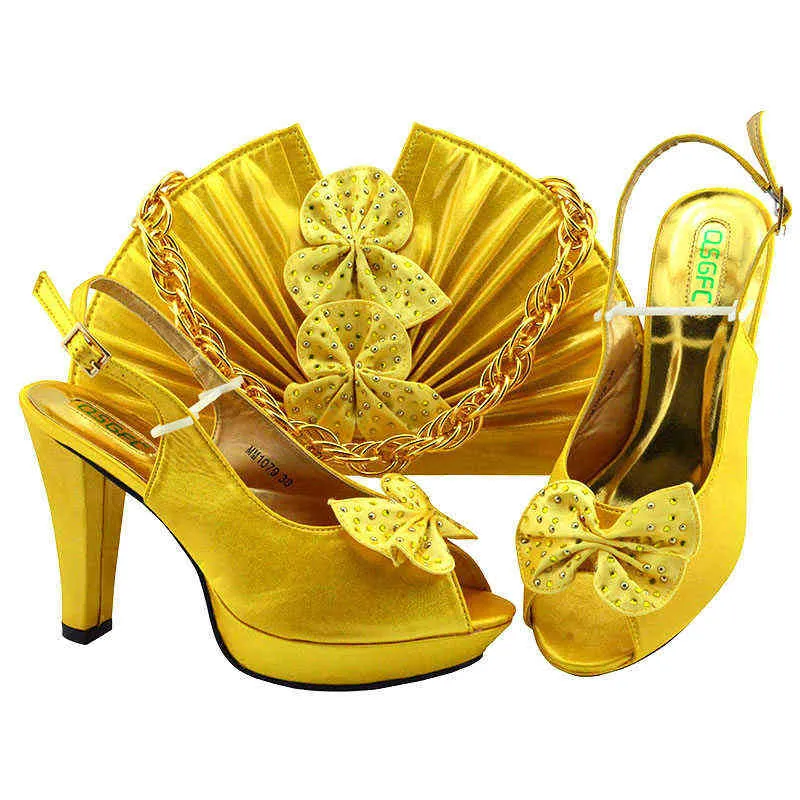 Dress Shoes Newest Autumn Italian Design Ladies with Matching Bag High Quality African Nigeria Shoe and Set in Yellow Color 220722