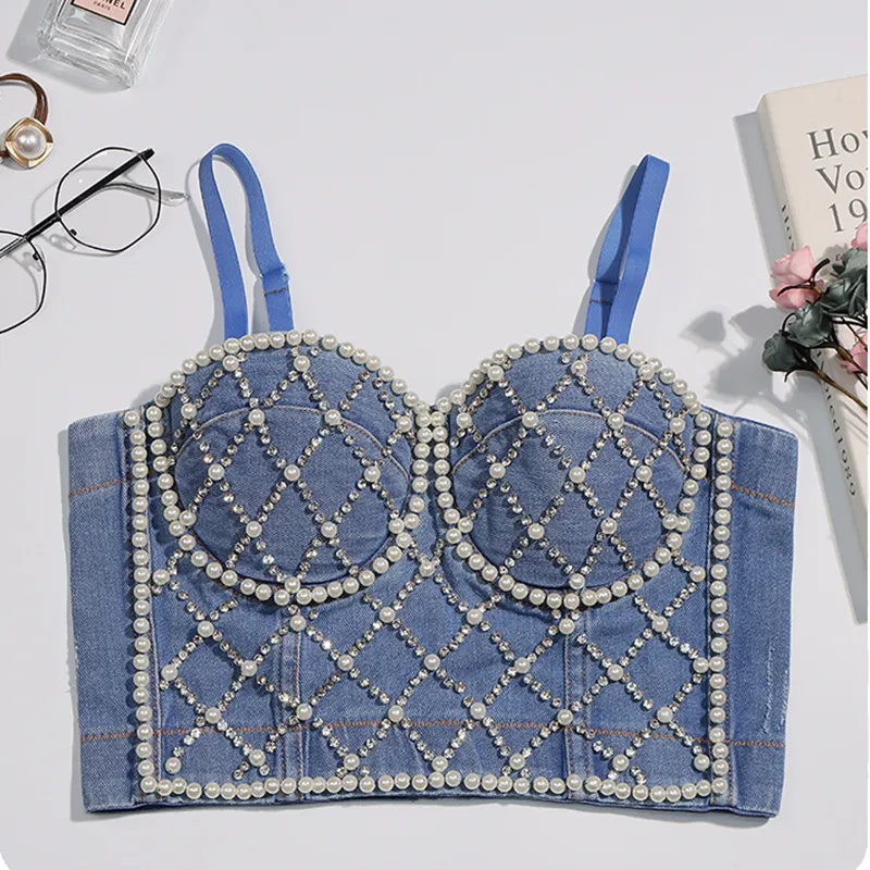 Moda Gorset Top Z Diament Denim Crop Sexy Glitter Party Club Rave Festival Odzież 220316