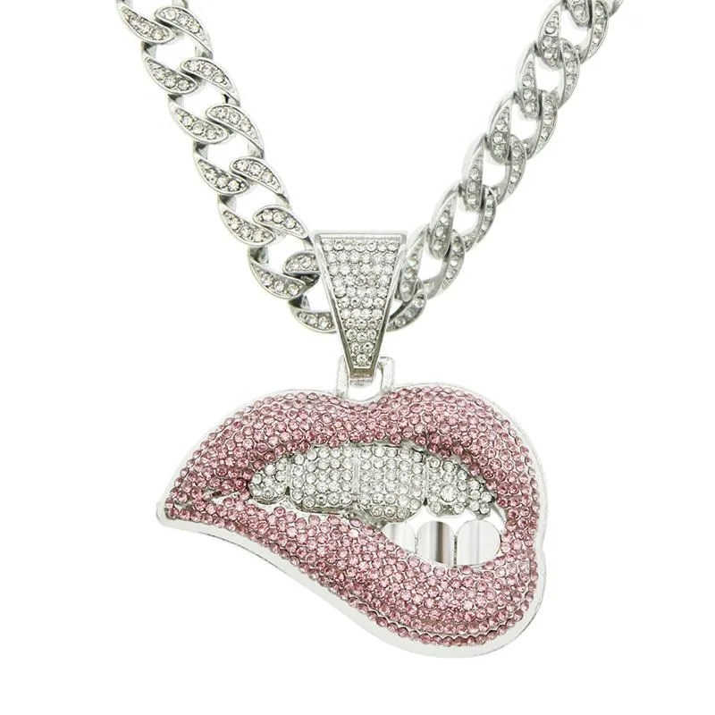 Pendentif Colliers Hip Hop Bite Lip Forme Collier avec 13mm Cristal Chaîne Cubaine Glacé Bling Hiphop Bijoux De Mode Pour Hommes WoPe223I