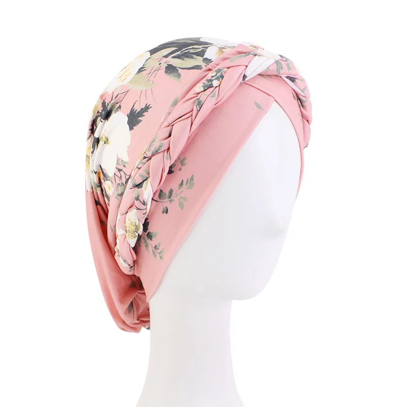 2022 Ny muslimsk bohemtryck flätad turban hatt handgjorda bandanas hijab kvinnor inre kepsar arabiska wrap kemo hattar huvud bär turbante