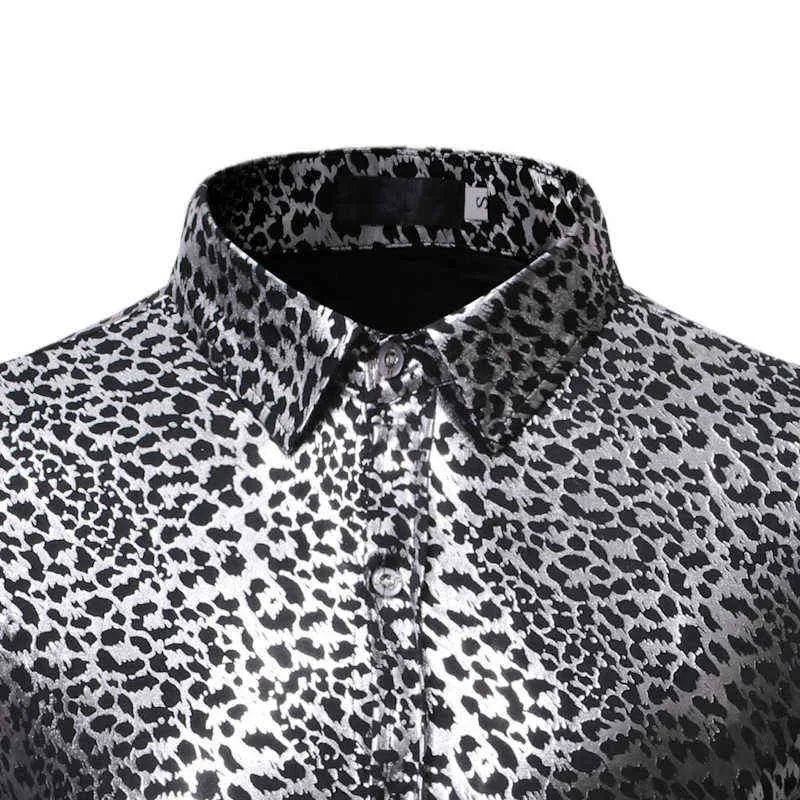 Sexy imprimé léopard chemise hommes DJ discothèque fête chemise décontractée 2022 marque de luxe bronzant hommes chemises habillées mariage Chemise Homme L220704