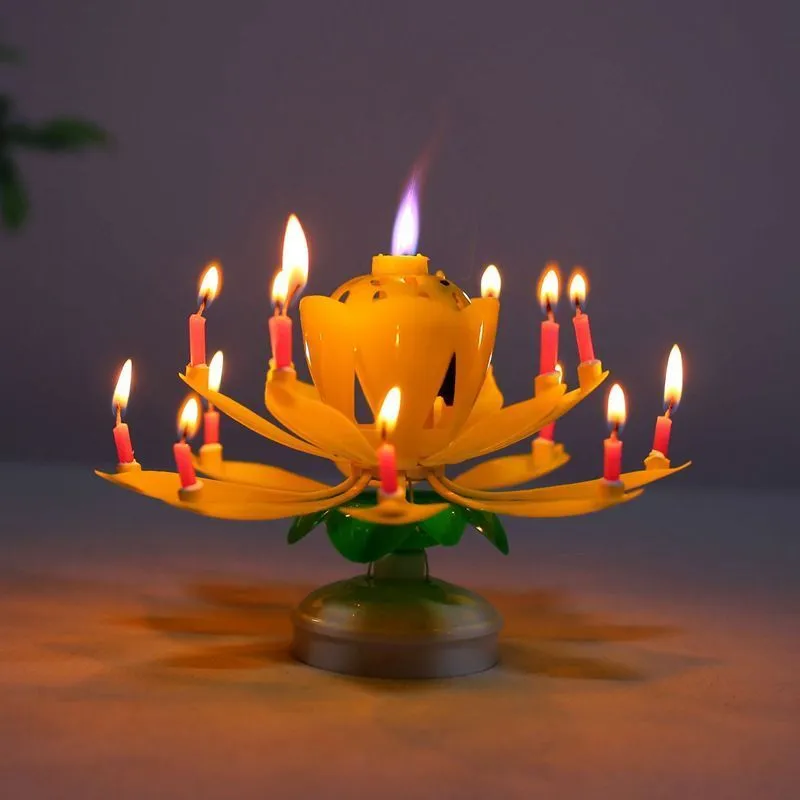 Bougie musicale rotative innovante en forme de fleur de Lotus, décoration de gâteau de joyeux anniversaire, cadeaux de fête de mariage, 220629