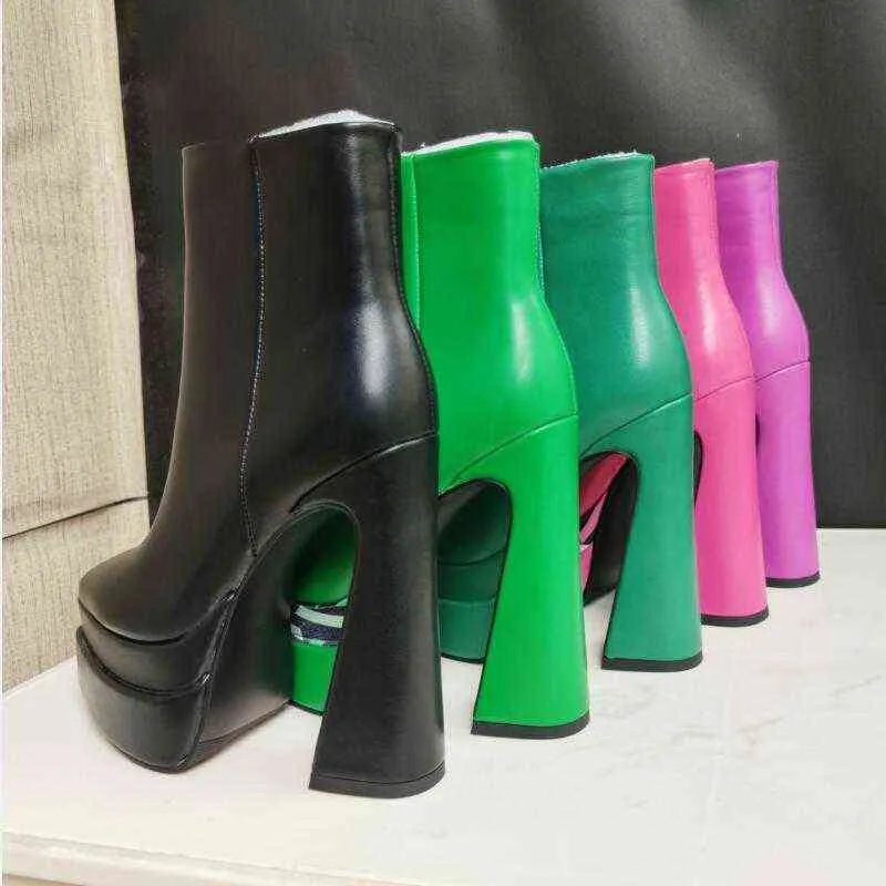 Stivali da donna Stampa di moda Caviglia da donna 2022 Autunno Inverno Nuova piattaforma con tacco alto spesso Scarpe da festa con punta a punta Rosa verde Taglia grande 0719