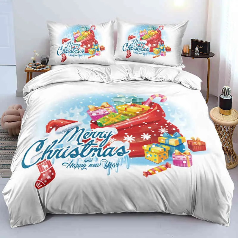 3D Yatak Keten Mutlu Noel Beyaz Yatak Setleri Xmas Nevresim/Yorgan Kapak Seti Comfotter Kılıfı 220x240 Kral Kraliçe Tam İkiz Kırmızı Yay