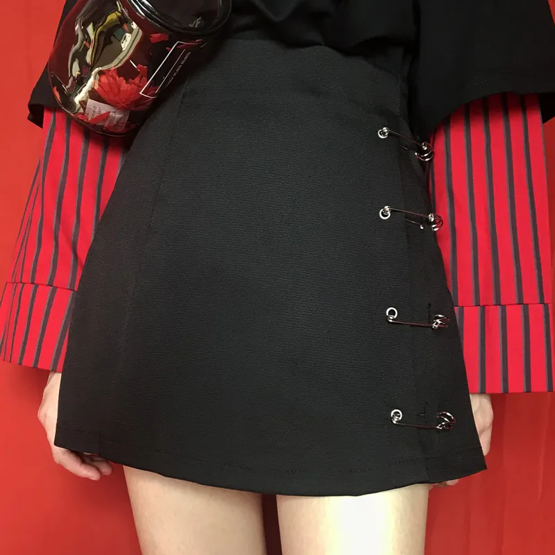 Flectit Punk Rock Style Safety Pin A-Line Mini Kjol med Side Split High Waisted Collin Harajuku Street Wear 220322