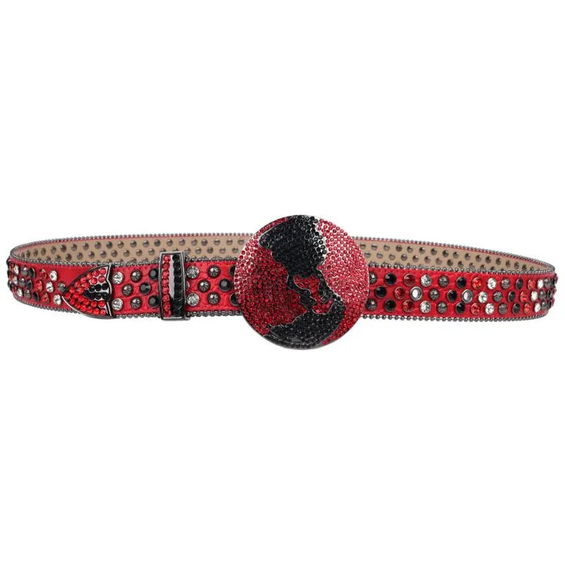 Ceintures Fashion Western Red Rimestones Metal Globe Boucle de diamant décontracté Cinturones Para Hombre Sintirones Mujerbelts Emel22947