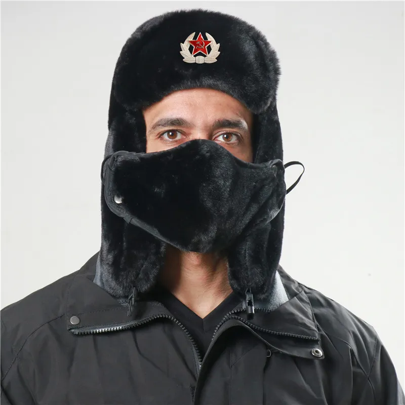 Kamoland armia sowiecka odznaka wojskowa bombowca mężczyźni kobiety Rosja Ushanka kapelusze faux królik futra earflap śnieżne czapki 220817GX