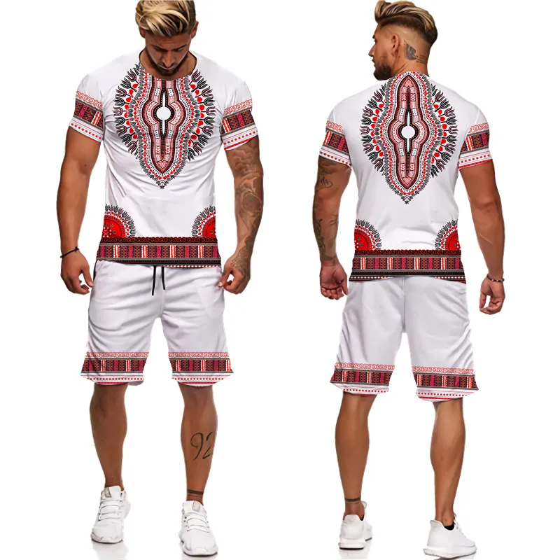 Été coloré africain Dashiki t-shirt pantalon costume décontracté impression 3D ethnique folk-personnalisé mâle 2 pièces ensemble de survêtement à manches courtes 220615