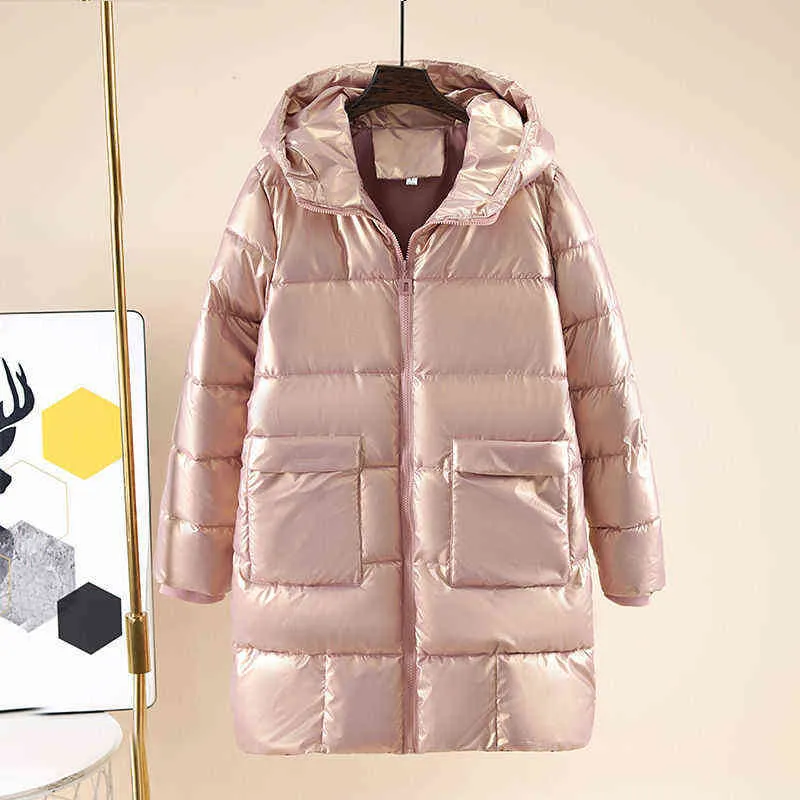 Fashion Parkas Winter Jacket Womens Nowy błyszczący bawełniany wyściełany płaszcz z kapturem swobodny samica ciepła luźna długość śniegu parkas L220730