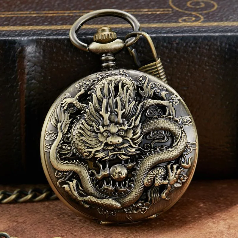 Pocket Watches Luxury Silver Mechanical Watch Dragon Laser Engraved Clock Animal Necklace Pendant Hand Winding Men Fob Chain Thun2255z