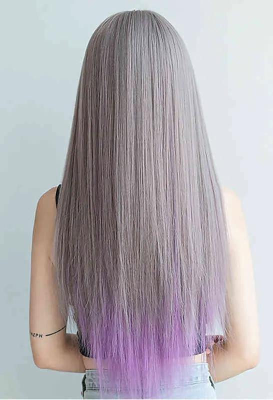 As Purple Ombre Straight Synthetic Wig for Woman with Bangs Gray Purplecosplay Wigs Long Lolita Natural Hair Heat Resistant 220622