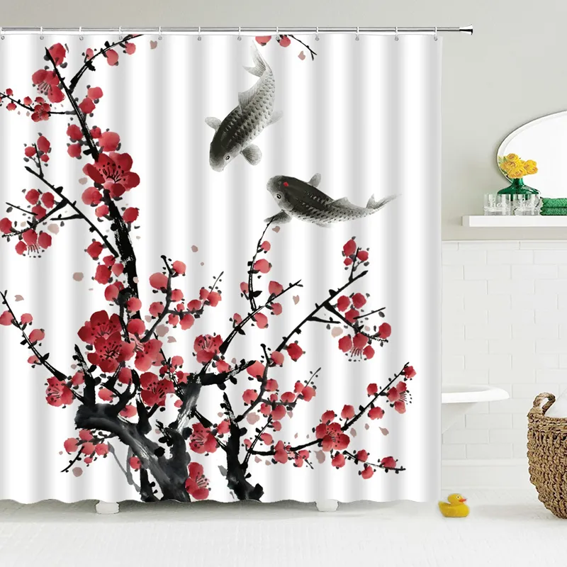 Chinese stijl bloem vogel douchegordijnen waterdichte badkamer gordijn 3D bedrukte stof met haken decoratie douchegordijn 220517