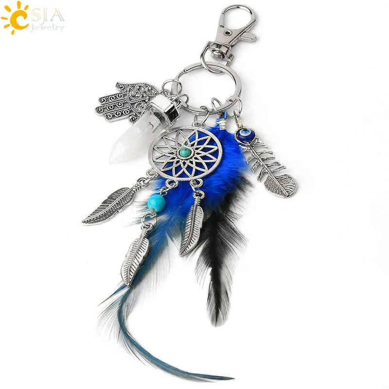 CSJA Dream Catcher Keychains Blue Feather Tassel Hamsa Hand Evil Eye Keyring for Wall Car Hanging Decor Amulet Boho Jewelry G496 AA220318