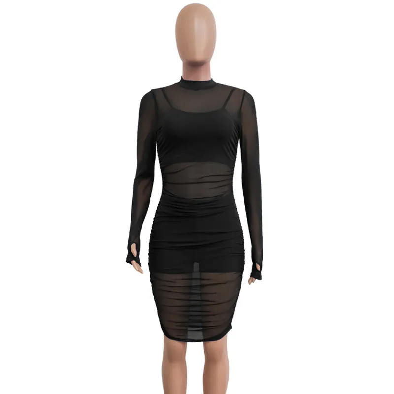 Women Solid Mesh See Through Design Ruched Lining Dress Stretch Sexy & Club Black Night Out Bodycon Dress 220509
