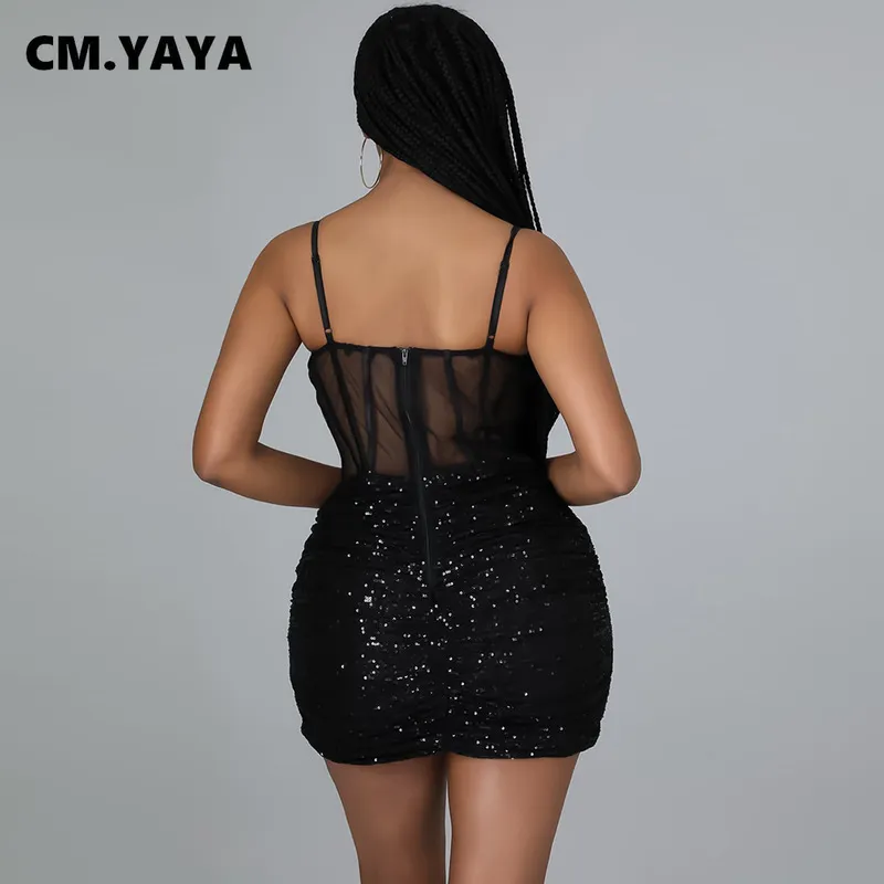 CM.YAYA Women Mini Dress Sequins Mesh See-through Strap Bodycon Dresses Sexy Night Club Party Vestidos Fashion Clothing Summer 220516