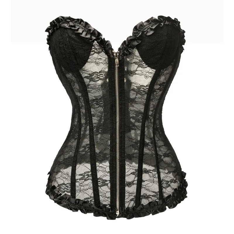 Lace Shapewear semi transparante mesh corset voorste ritsjes achterste riemen afslanke lichaamsverzameling vorm riemen voor vrouwen 220524