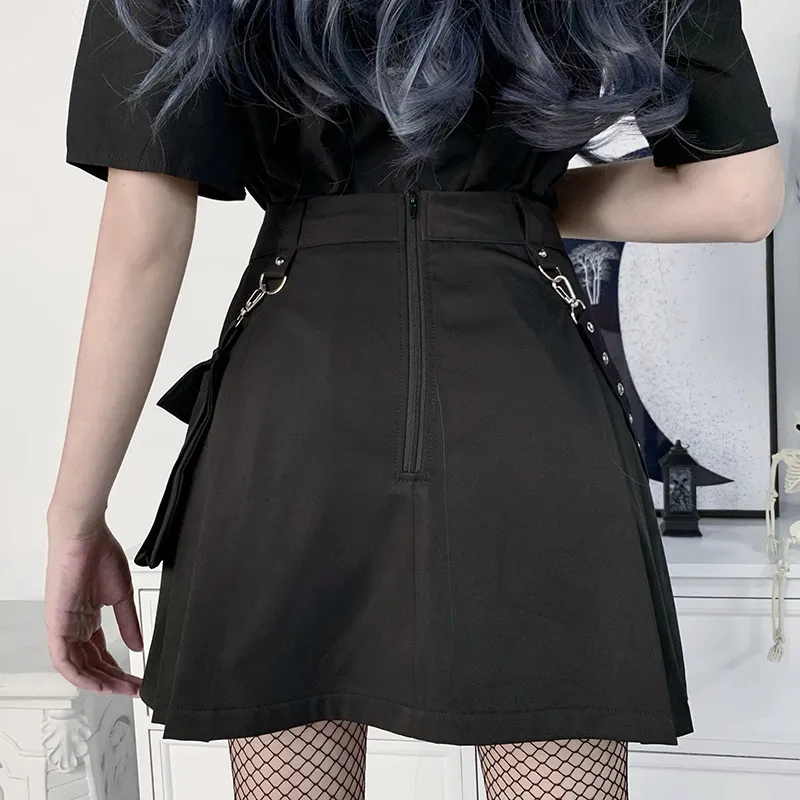 Harajuku Punk Gothic Schwarz Hohe Taille Röcke Frauen Sexy Patchwork Bandage Mini Weibliche Streetwear 220317