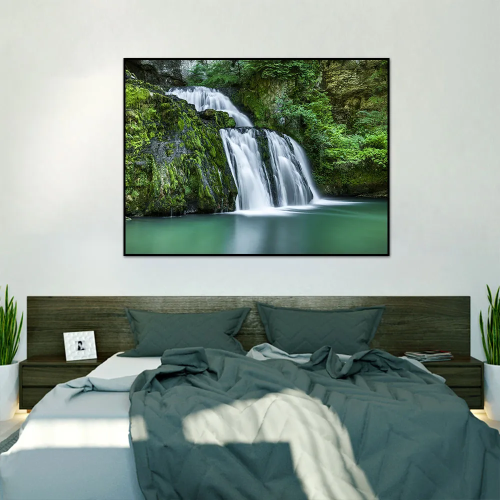 Abstract Greentrees Mountain Waterfall Painting on Canvas Lanscape Prints and Posters Wall Art for Living Room Home Decoration
