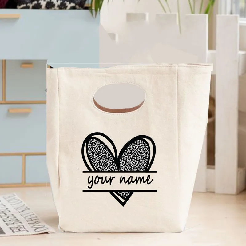 Leopard Love Heart Custom Tote Women Lunch Bags Add Your Text Print Design Thermal Insulated Picnic Food Large Storage Customize 220711