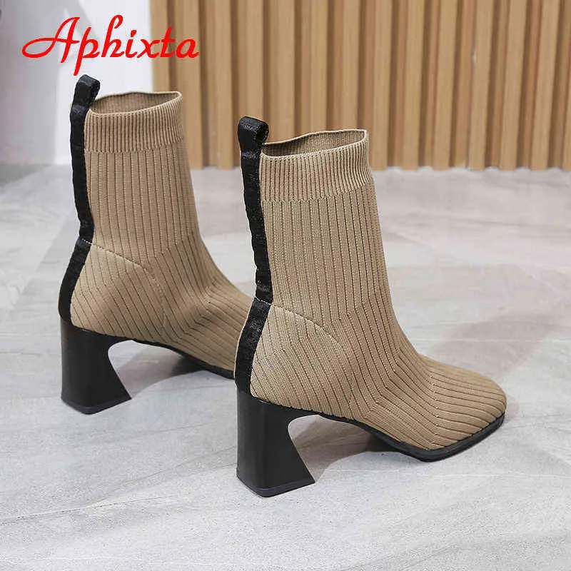 Aphixta 2022 Frühling Socken Stiefel Frauen Stretch Stoff Elastische Quadratische Fersen Bequeme Stiefeletten Schuhe Frau Große Größe 43 Boote y220729