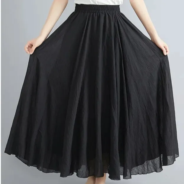 2022 Women Linen Cotton Long Skirts Elastic Waist Pleated Maxi Beach Boho Vintage Summer Skirts Faldas Saia