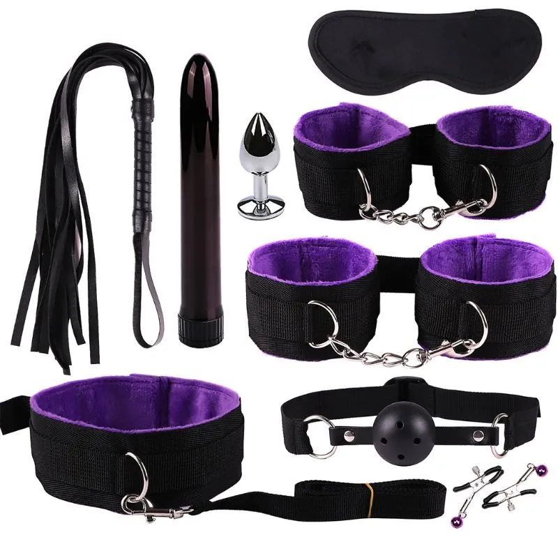 K5DF BDSM Restraint Fetish Collar Handcuff Bondage Whip Nipple Clips Mouth Gag Eye Mask Kit Adult sexy Toys for Women Games