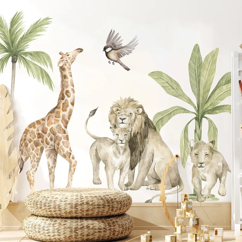 Dessin animé animaux africains Lion feuilles tropicales aquarelle pépinière autocollant mural peler et coller stickers muraux enfants chambre décor à la maison 220613