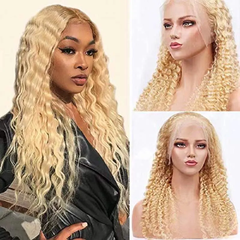 613 Blonde synthetische kanten voorpruik simulatie menselijk haarpruiken afro kinky krullende peluca's voor vrouwen cx-18764