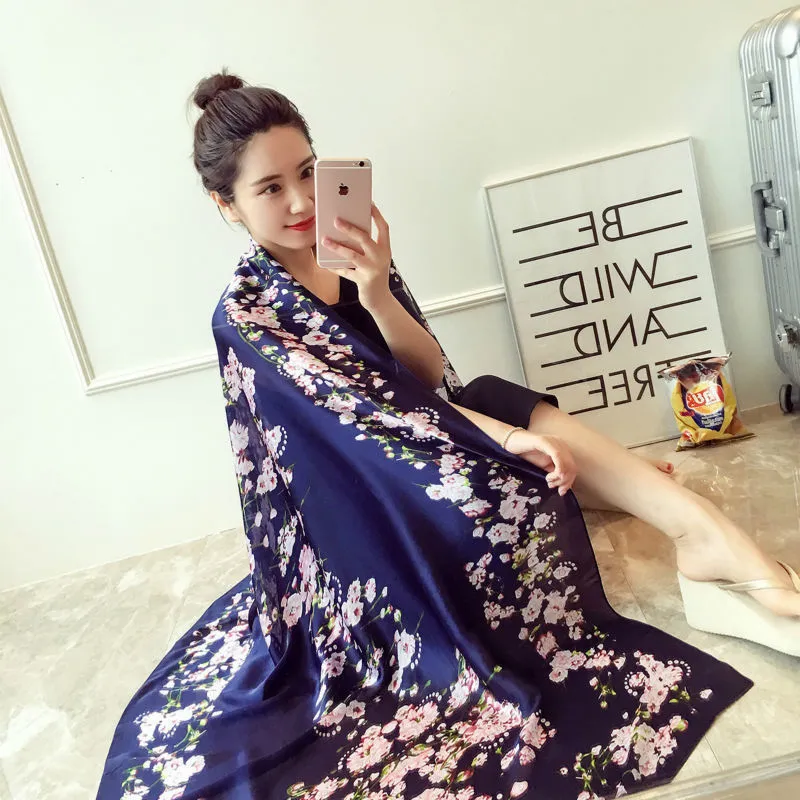 100% lenço de seda natural feminino luxo impressão digital flores xale de seda feminino longo bandana foulard oversize 220516