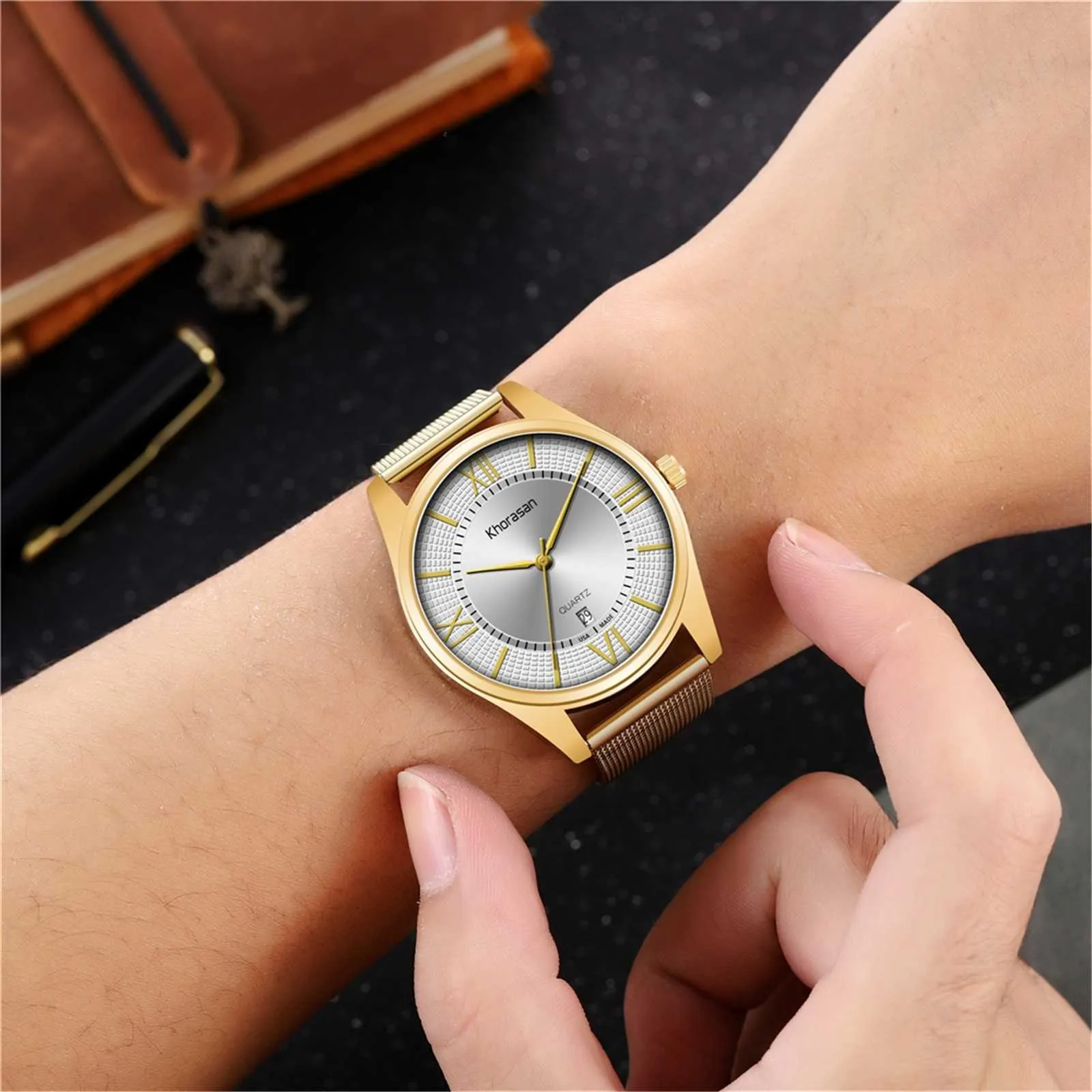 Quartz Watch Roman Numerals Stainless Steel Mesh Strap for Men 2022 Trend Korean Fashion Wristwatch