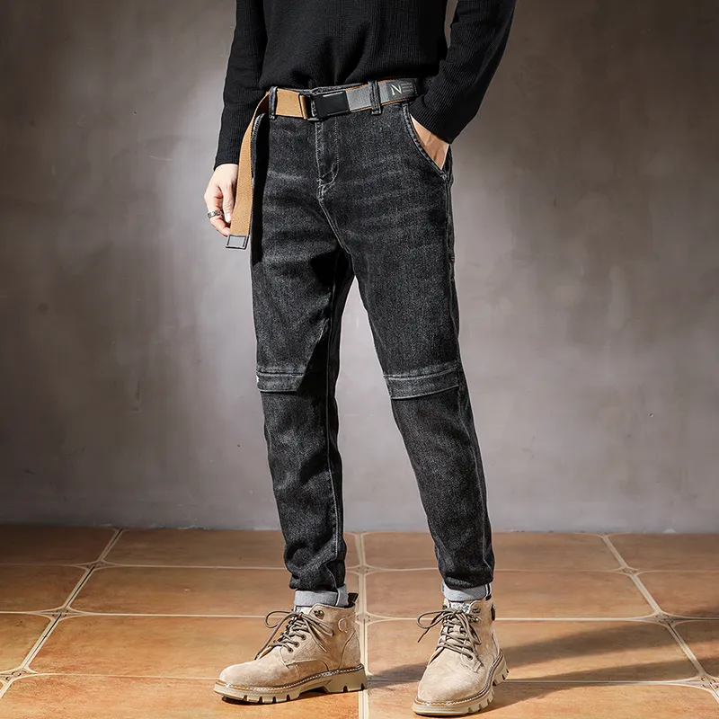 Mode jeans för män stretch vår hösten svart grå smal raka fickor deseringstil streetwear denim trousrs inget bälte cx220401