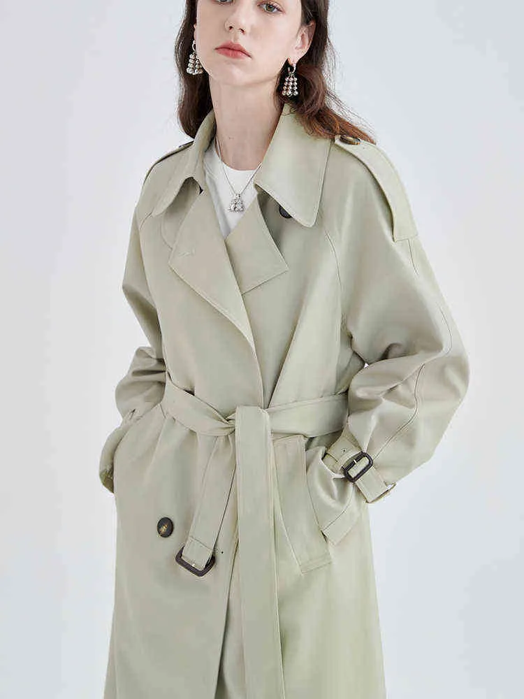 Gröna långa kvinnor Trenchrock Autumn Winter Slå ner krage Kvinnor Kläder Kausal Full Sleeve Belt Trench L220725