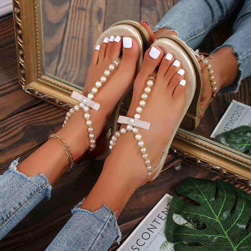 Nxy Sandals Summer New Flats Women Open Toe Shallow Slippers Shoes Designer String Bead Slip-on Flip Flops Party Casual Slides