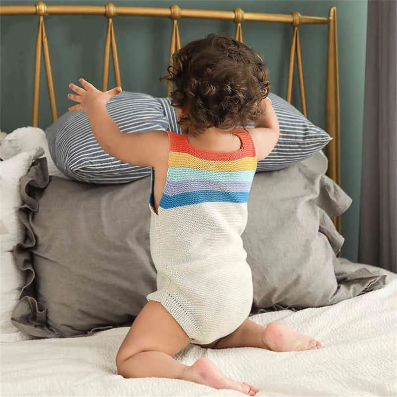 Luxury Newborn Baby Designer Rainbow Stripes Knit Organic Jumpsuit Summer Infant Girls and Boys onesie Bodysuit Clothes Outfit G220510