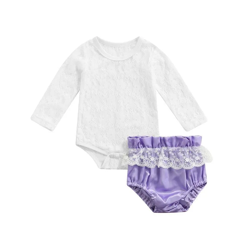 Kleidung Sets Prinzessin Baby Mädchen Kleidung 2 stücke 0-24M Spitze Floral Langarm Strampler Tops + Elastische rüschen Shorts