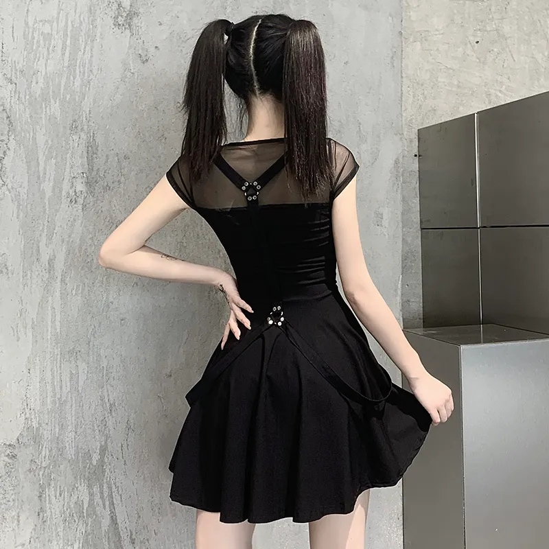 InsDoit Harajuku Sexy Mesh Hollow Out Black Mini Jurk Gothic Vintage Bandage Hoge Taille Streetwear Punk Patchwork 220521