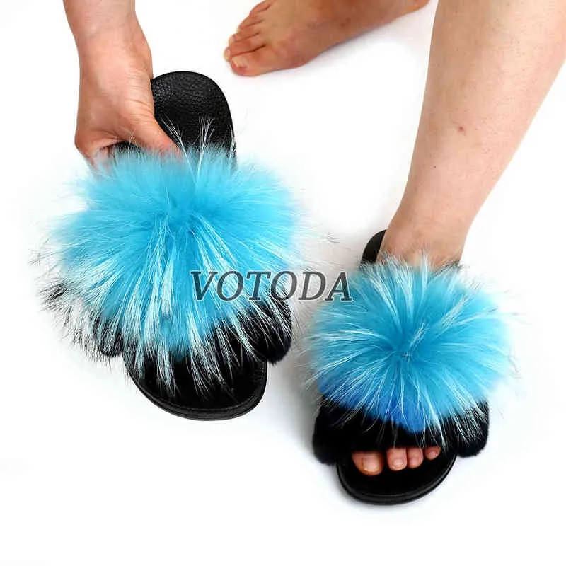 2022 New Arrivals Fluffy Fur Slides Women Real Fox Fur Slippers Cute Cartoon Funny Sandals Furry Amazing Rabbit Fur Shoes Woman G220518