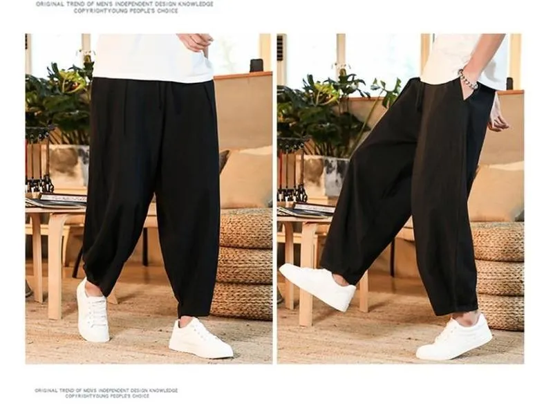Japońskie luźne męskie bawełniane lniane spodnie męskie letnie oddychanie ligi lniane spodnie fitness streetwear plus m-5xl 220726