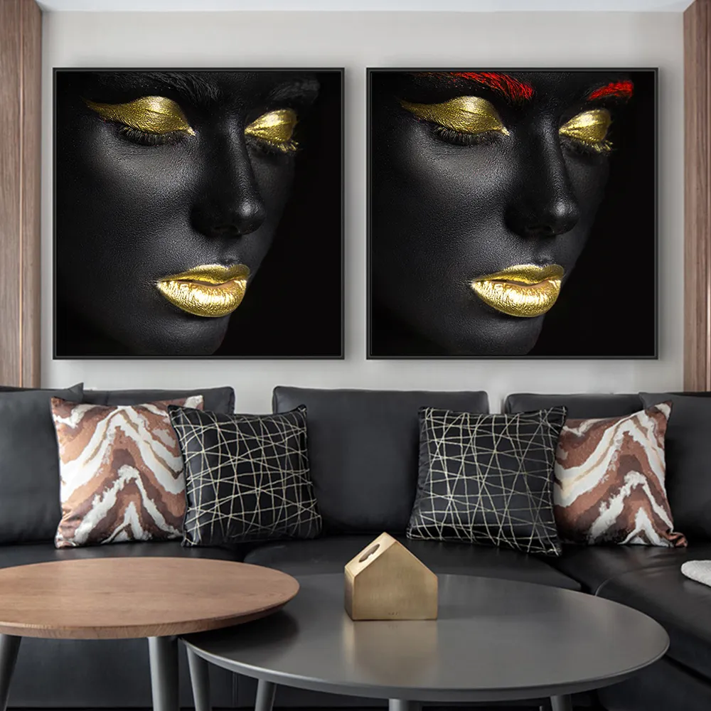 Afrykańskie zdjęcie sztuki złota i czarne kobiety kontemplator portret sztuki ścienne Płótno obrazy plakaty drukowane obrazy do wystroju domu