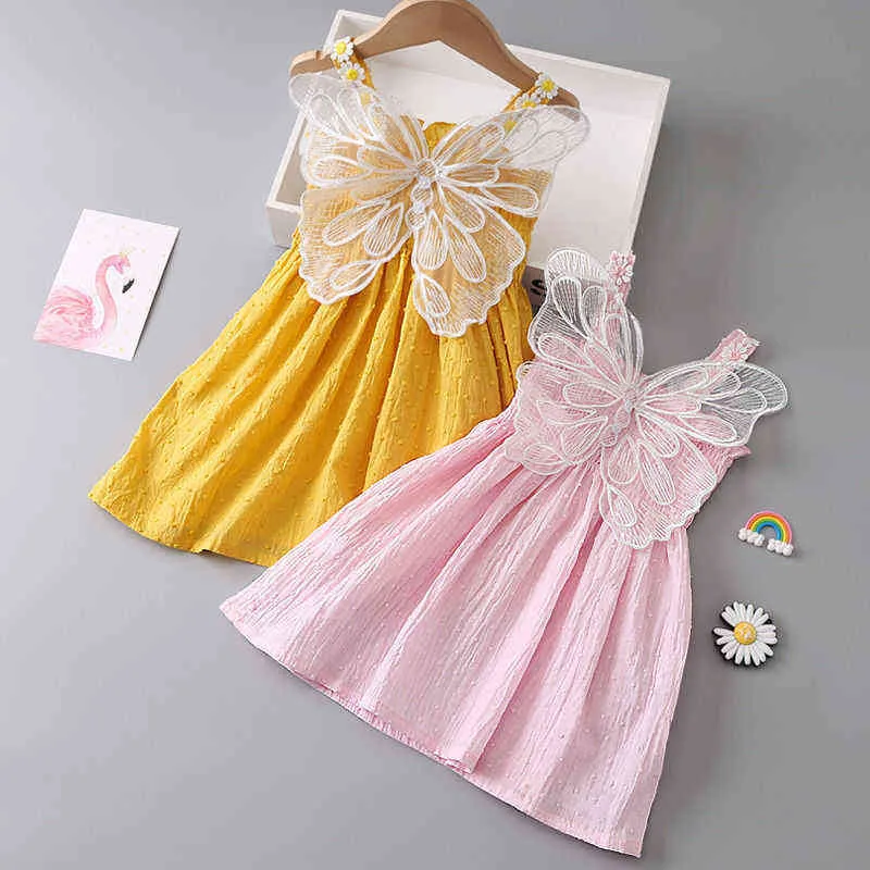 2022 Baby Girls Summer Cute Dress Lace Butterfly Outfit Suspenders Flower Toddler Kids Sleeveless Pink Yellow Vestidos G220518