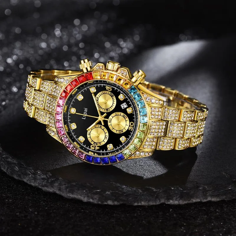 Montres-bracelets Montres à quartz de marque Lvpai avec micro pavé glacé pierres colorées zircone cubique en acier inoxydable horloge hip hop pour 280D