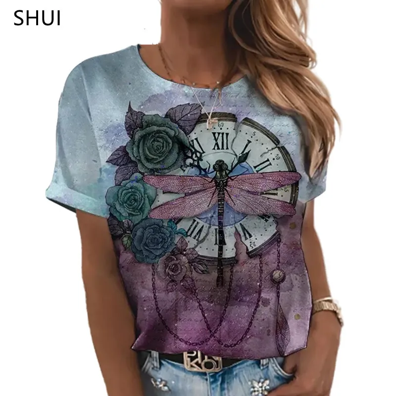 음악 티셔츠 섹시 패션 여성 Tshirt 여름 느슨한 여성 꽃 인쇄 XL 상단 3D 인쇄 초록 패턴 사랑스러운 220527