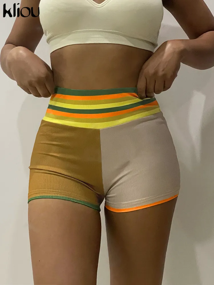 Kliou Bloqueio de cores Shorts Mulheres bainha elástica da cintura Média da cintura Casual Shaping Calças Limite ativo Feminino Feminino 220630