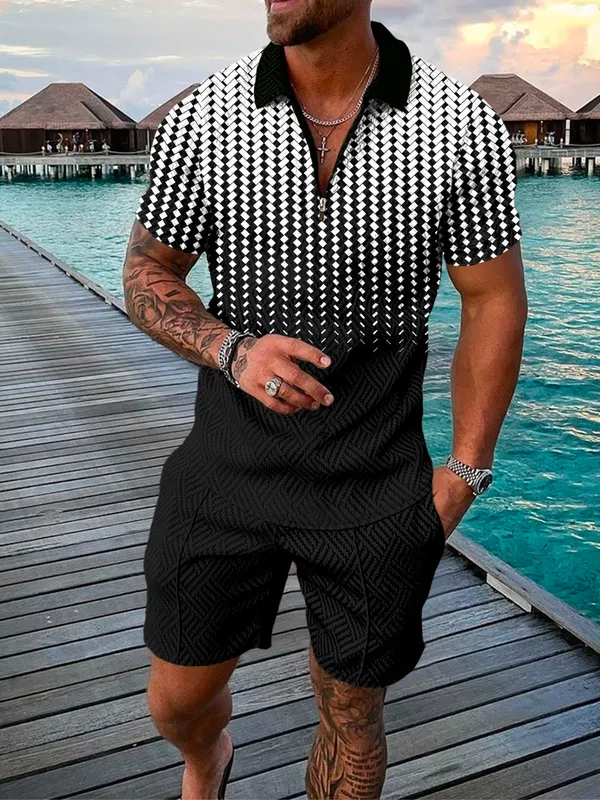 Summer Men s Tracksuit Gradual printing Short Sleeve Zipper Polo Shirt Shorts Set for Men Casual Streetwear Suit 220613