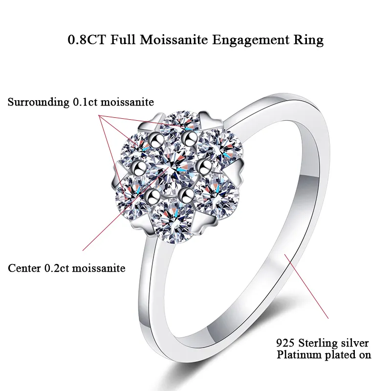 Real Engagement Ring Brilliant VVS Diamond Halo Wedding Band For Women Sterling Silver Flower Bouquet Promise Ring 2208139367328