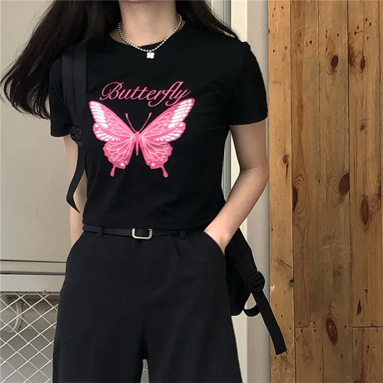 ファッションウーマンTシャツトップヴィンテージバタフライパンクプリント半袖OワンサイズTシャツ女性長Tシャツ220602