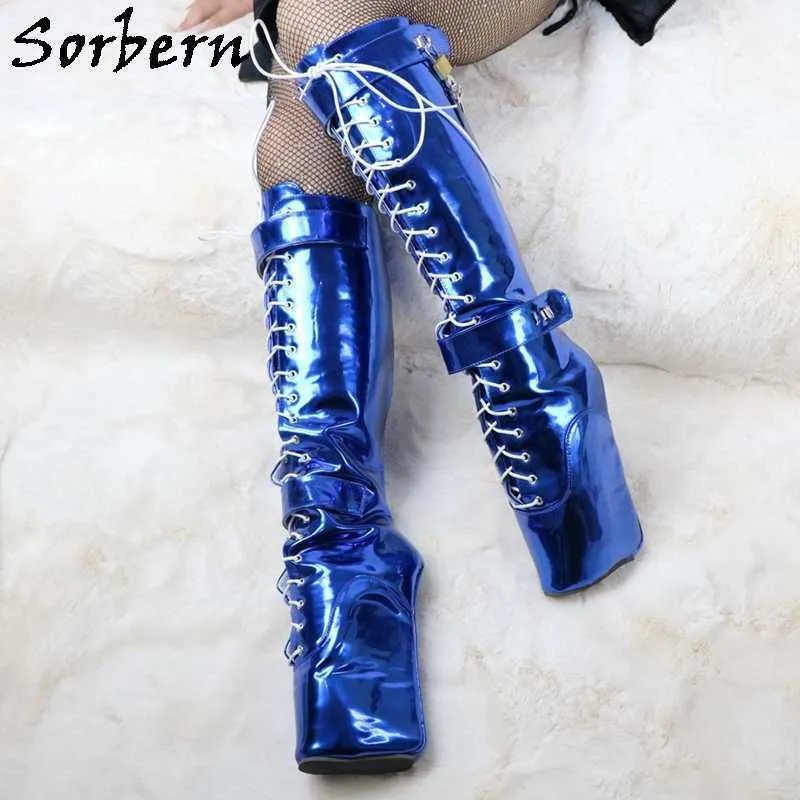 Sorbern Metallic Blue Knee High Boots Cosplay Locks z klucze Balet Wedge Plus Size Feminino Buty Erotyczne Niestandardowe Dopasowanie Calf