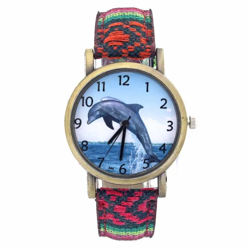 腕時計イルカパターンオーシャンアクアリウム魚ファッションカジュアルメンメンズキャンバスクロスストラップスポーツアナログクォーツウォッチ286G
