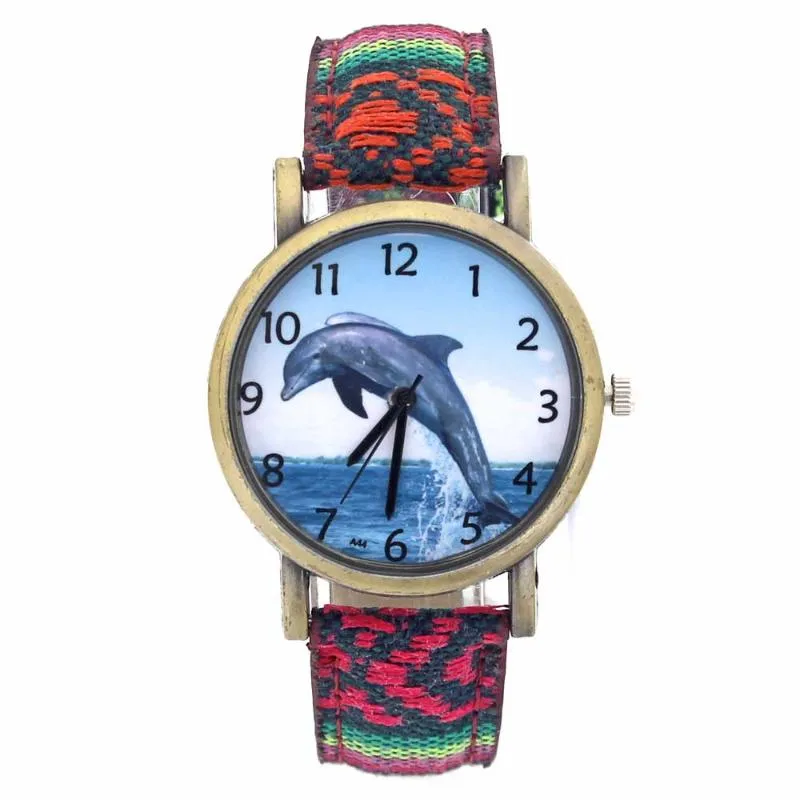 Wristwatches Dolphin Pattern Ocean Aquarium Fish Fashion Casual Men Women Canvas Cloth Strap Sport Analog Quartz Watch250C