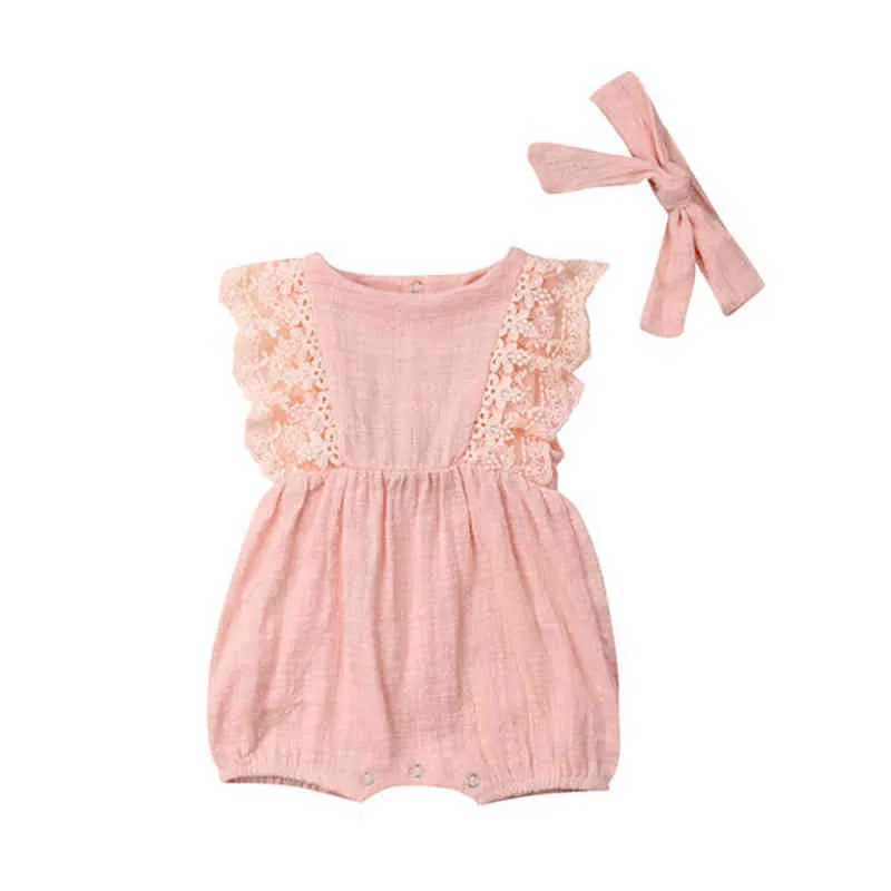 Summer Baby Girl Rompers nyfödda babykläder Småbarn Flare Sleeve Solid Lace Design Romper Jumpsuit med pannband G220510